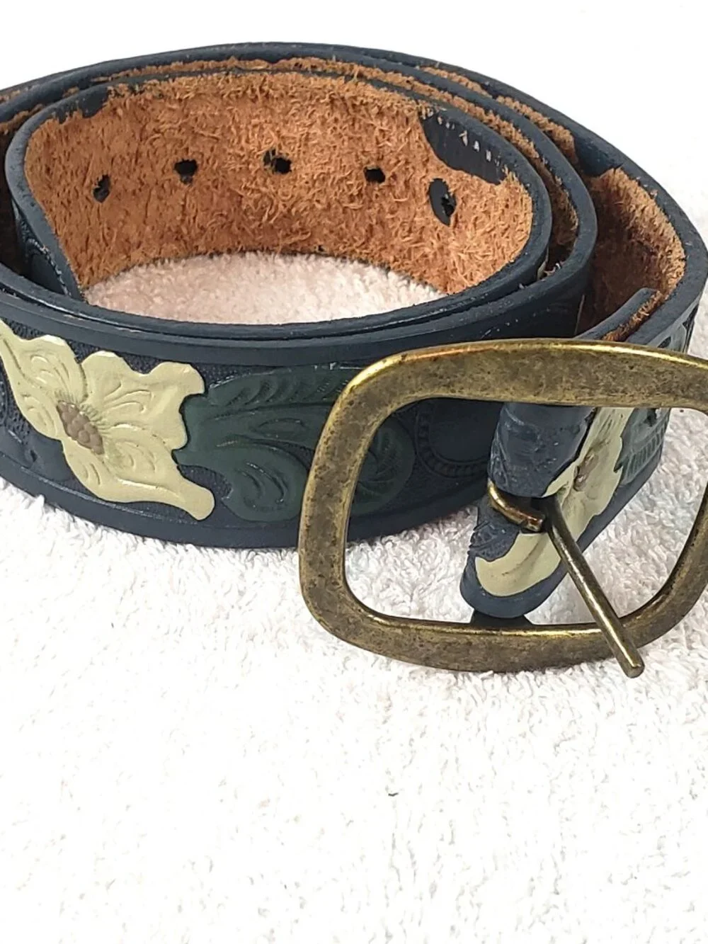 Beth Frank Hand‑Tooled Leather Belt – Floral Design – Size 36